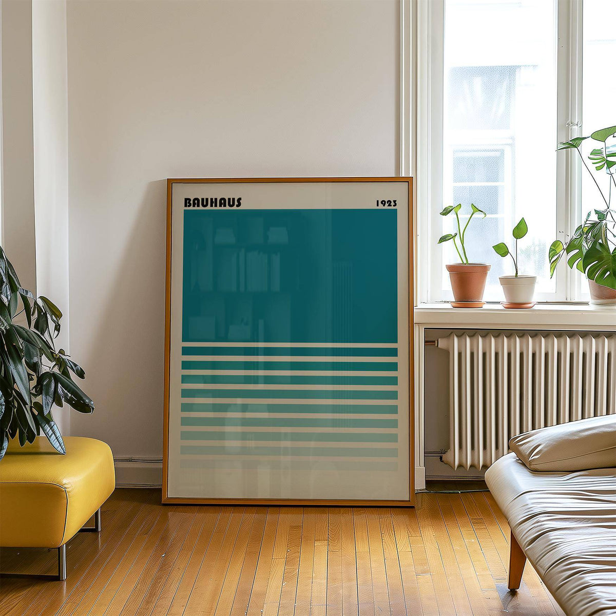 Teal Blue Gradient wall art leaning on the floor by a window with potted plants on the sill