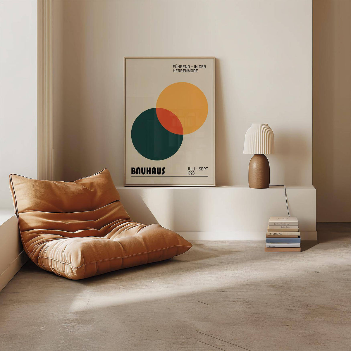 Print geometric leaning on a white ledge with overlapping ochre and dark teal circles and a brown lamp nearby