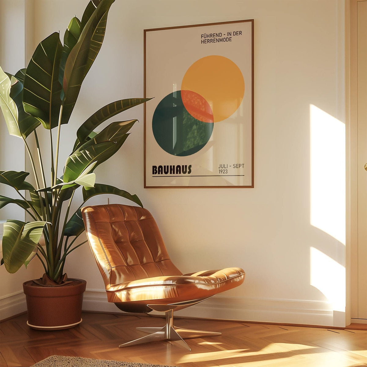 Print geometric wall art with overlapping orange and dark green circles in a sunny corner with a brown chair and tall plant