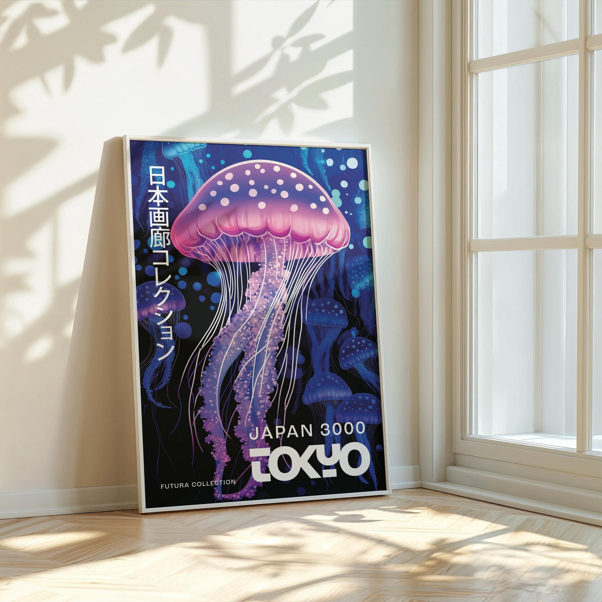 Under The Sea Decor print leaning by a window with a pink jellyfish illustration in blue and purple tones