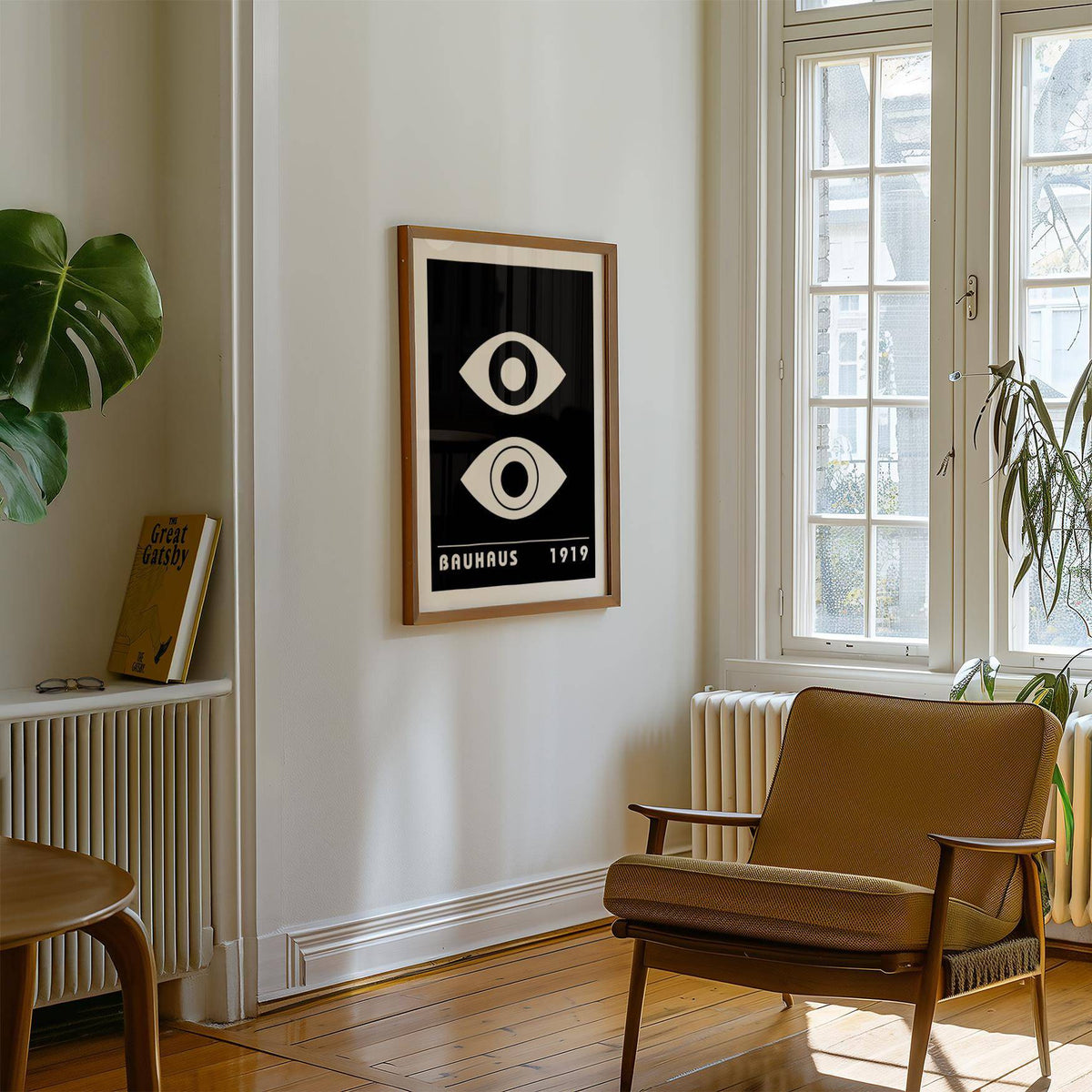 Eye Art print with abstract eyes in black and white on a white wall near a tan chair