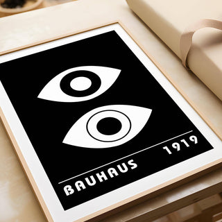 Close-up of Eye Art print with two abstract eyes in black and white near wrapping paper
