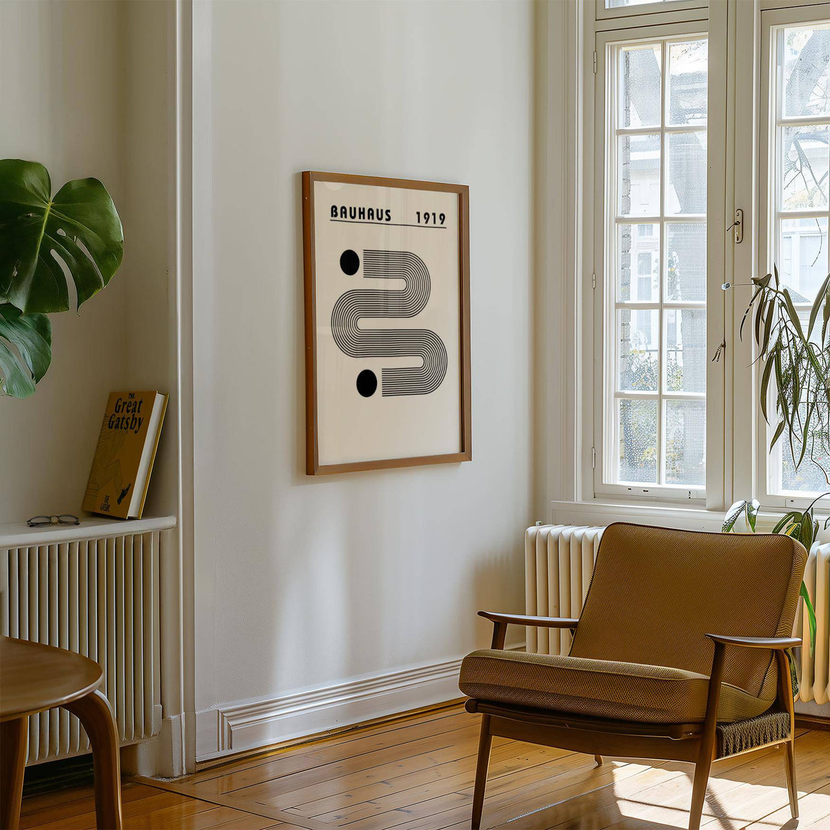 Black and White Minimalist Art print with abstract linear shapes and text above beside a window and chair