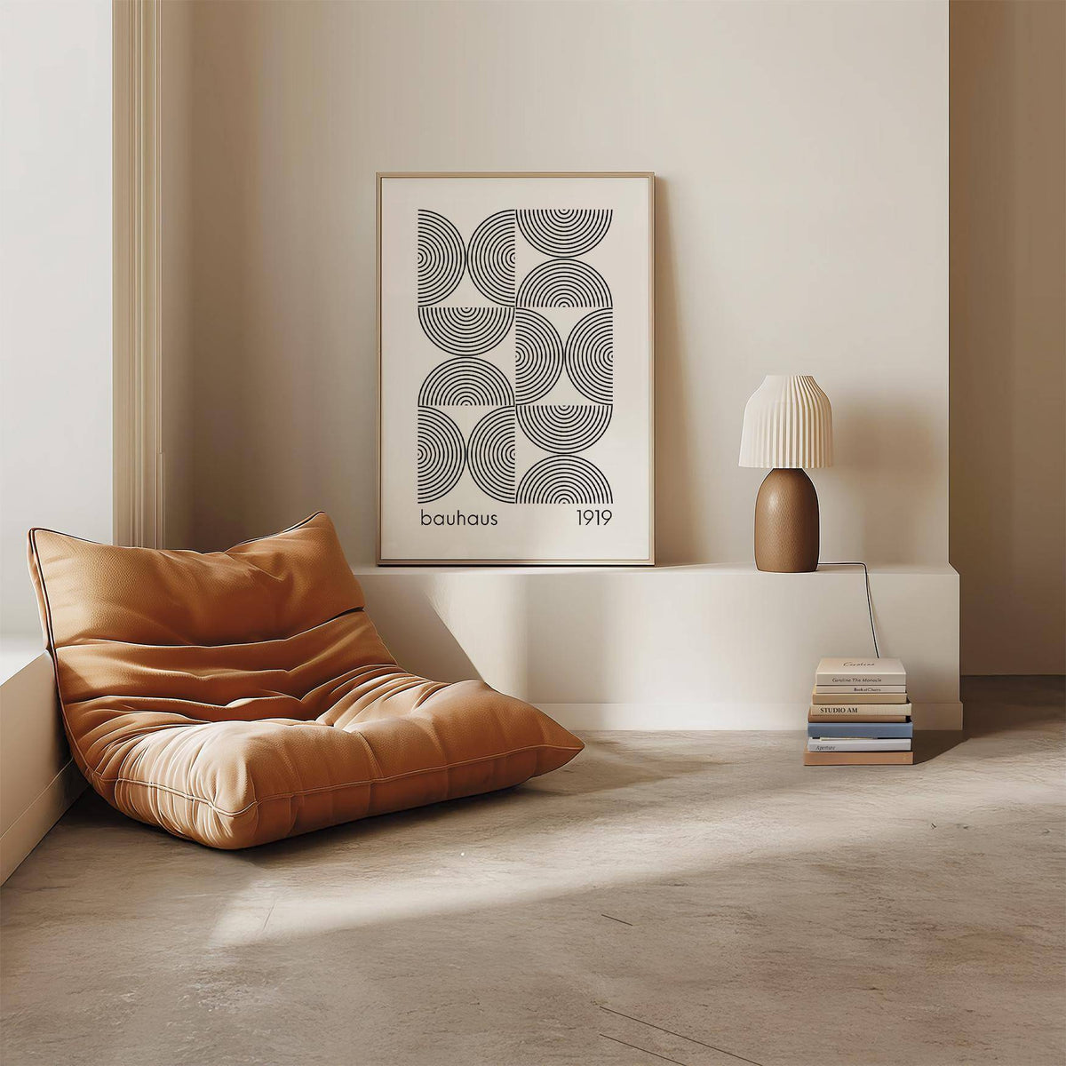 Bauhaus wall art featuring black concentric semicircles leaning on a white ledge beside a brown and white table lamp