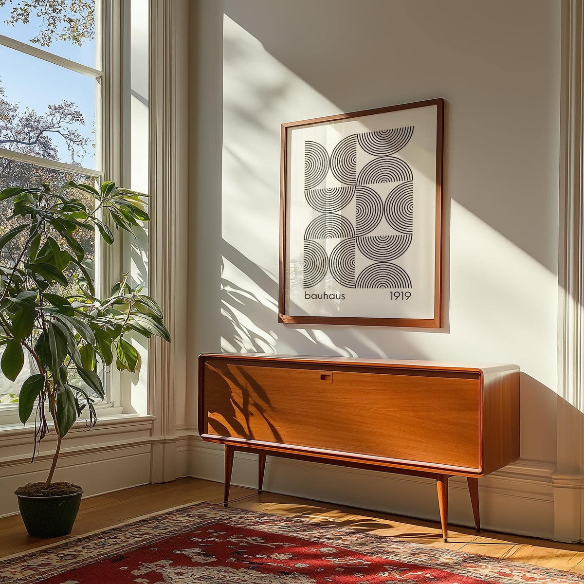Bauhaus wall art with black concentric semicircles in a wooden frame above a mid century sideboard beside a window with a green plant