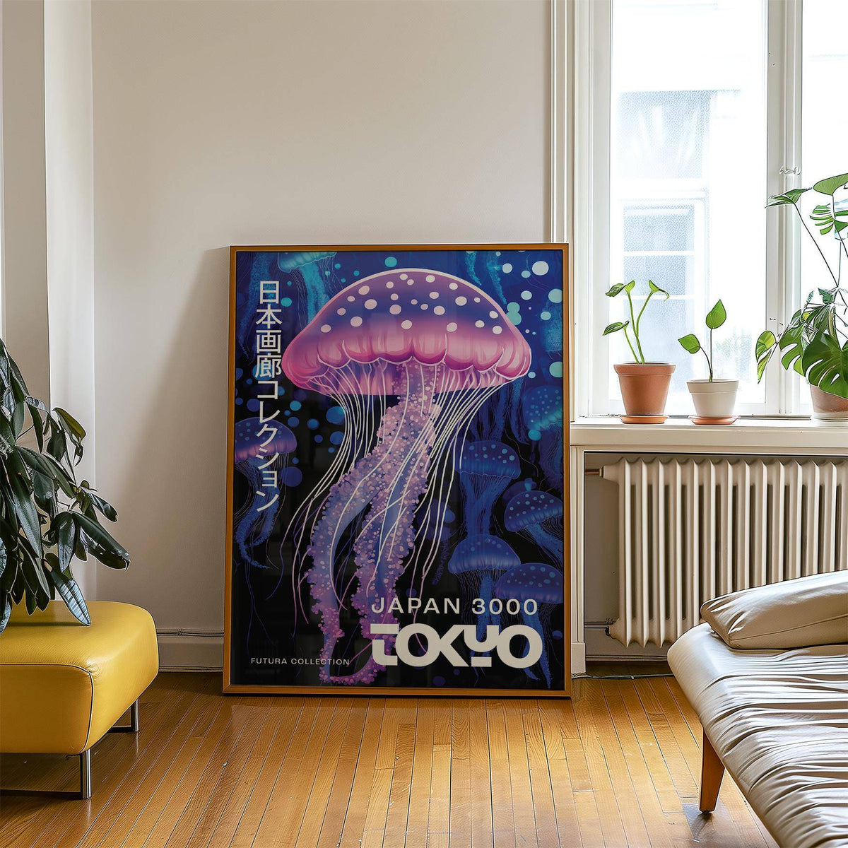 Under The Sea Decor print of a pink jellyfish illustration leaning on the wooden floor by a yellow sofa and houseplants