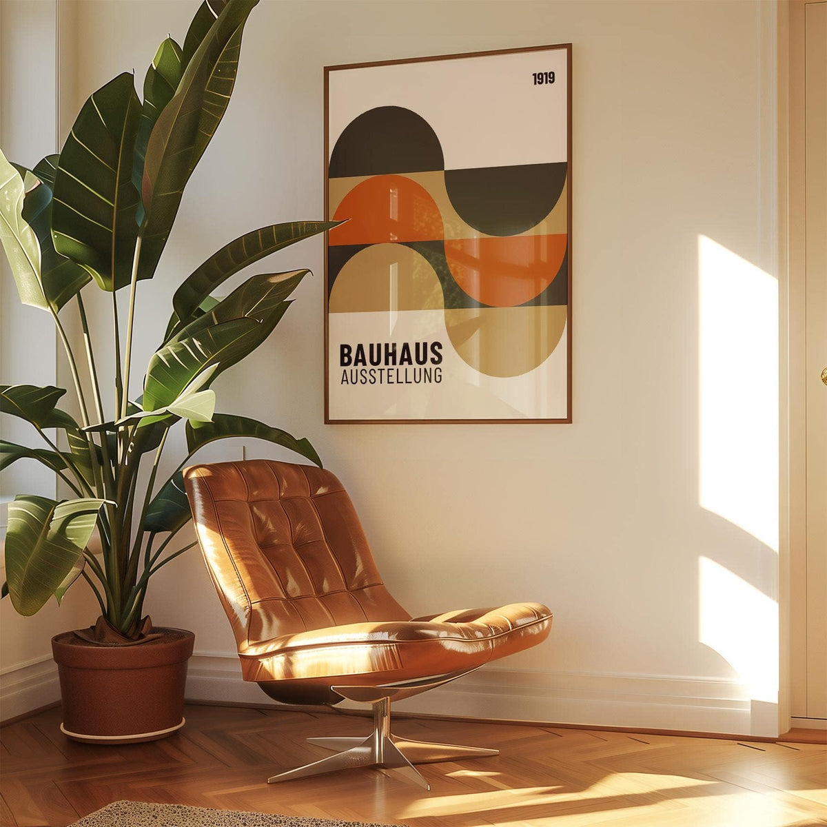 Artwork for the Wall framed print of abstract geometric shapes in earthy colours hung near a green plant and leather chair