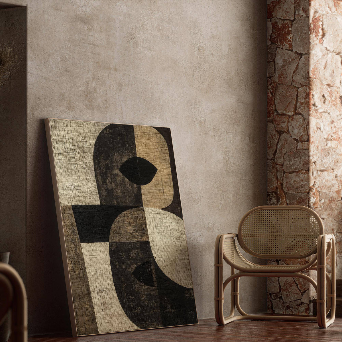 Large Owl Wall Art leaning on a wall in muted beige and black tones next to a cane chair