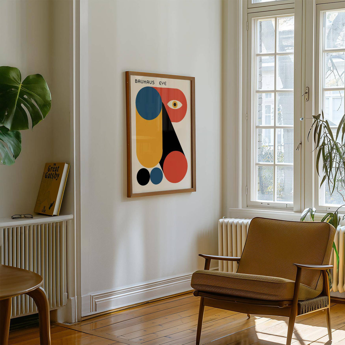 Bauhaus Graphic wall art with abstract geometric shapes in blue red and ochre above a radiator
