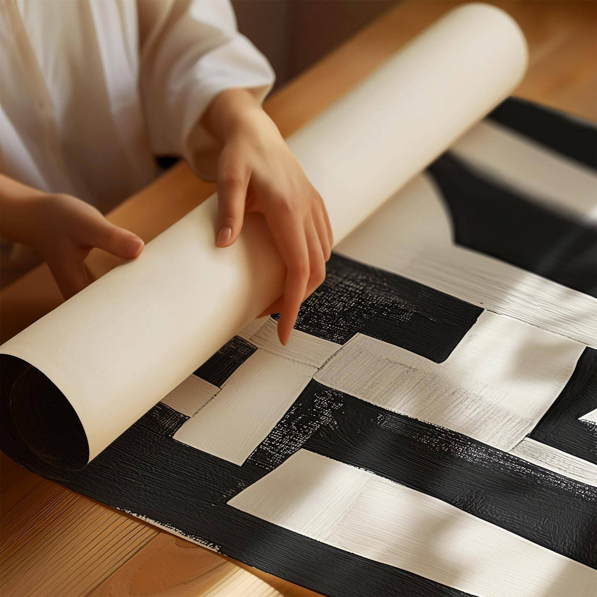 Rolled print with abstract white shapes on a black background held above a wooden table