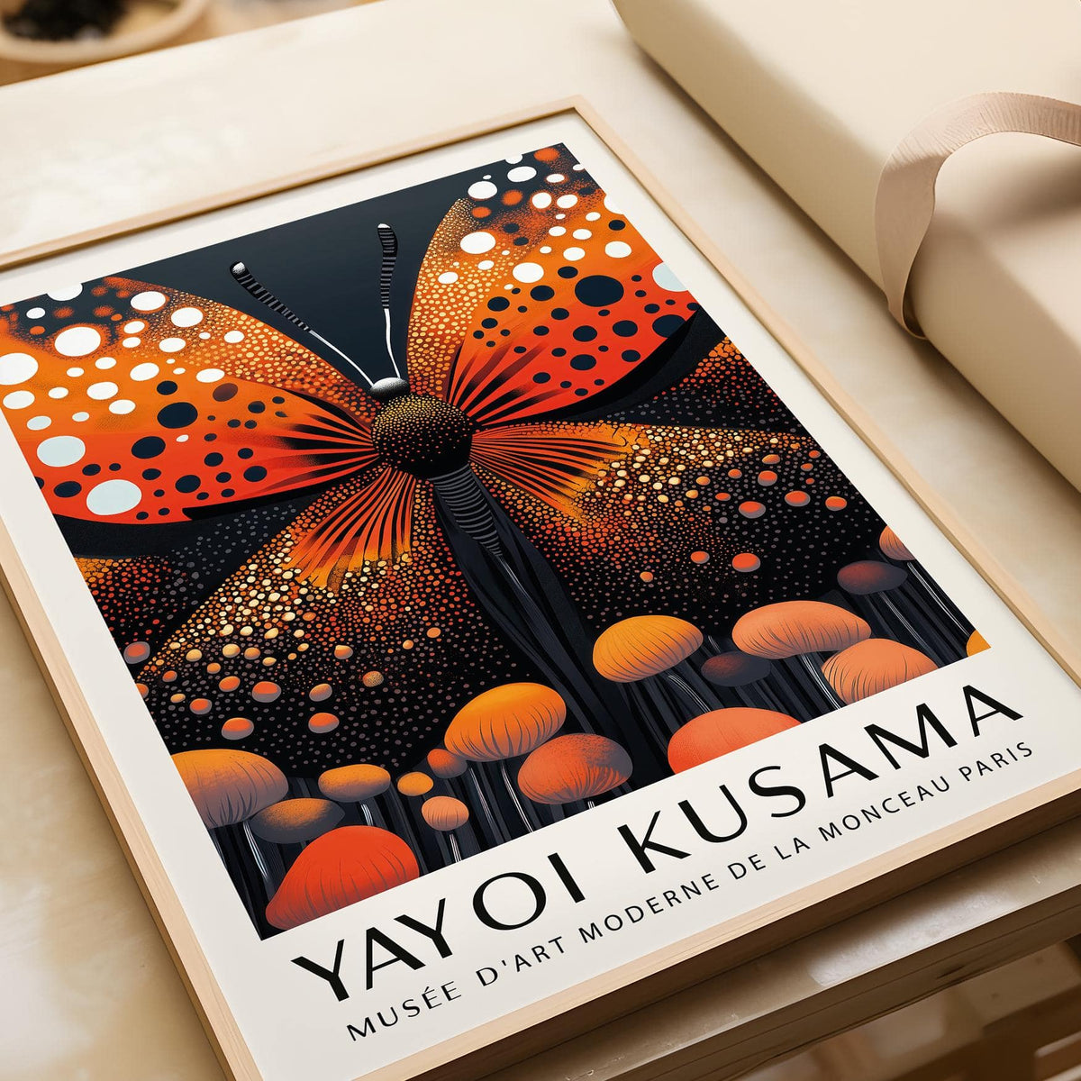 Abstract Butterfly Art close-up of an orange butterfly with spotted wings resting on abstract mushrooms