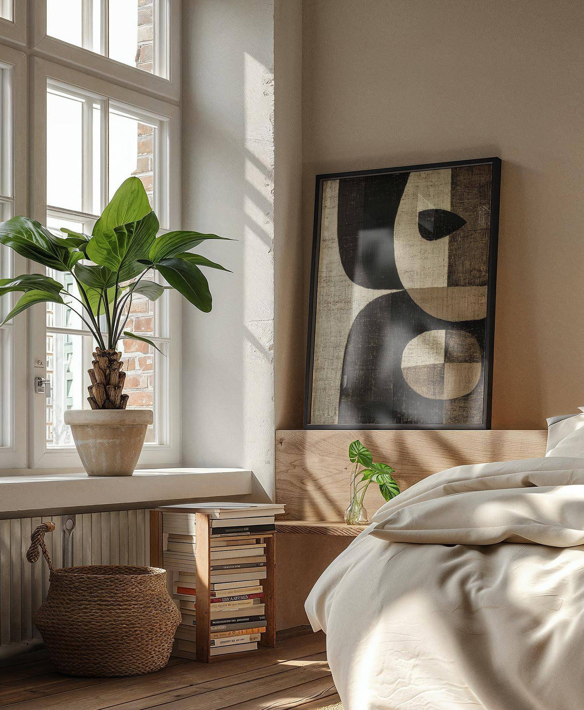 Print leaning on a ledge of earthy tones wall art with abstract minimalist shapes and a potted plant