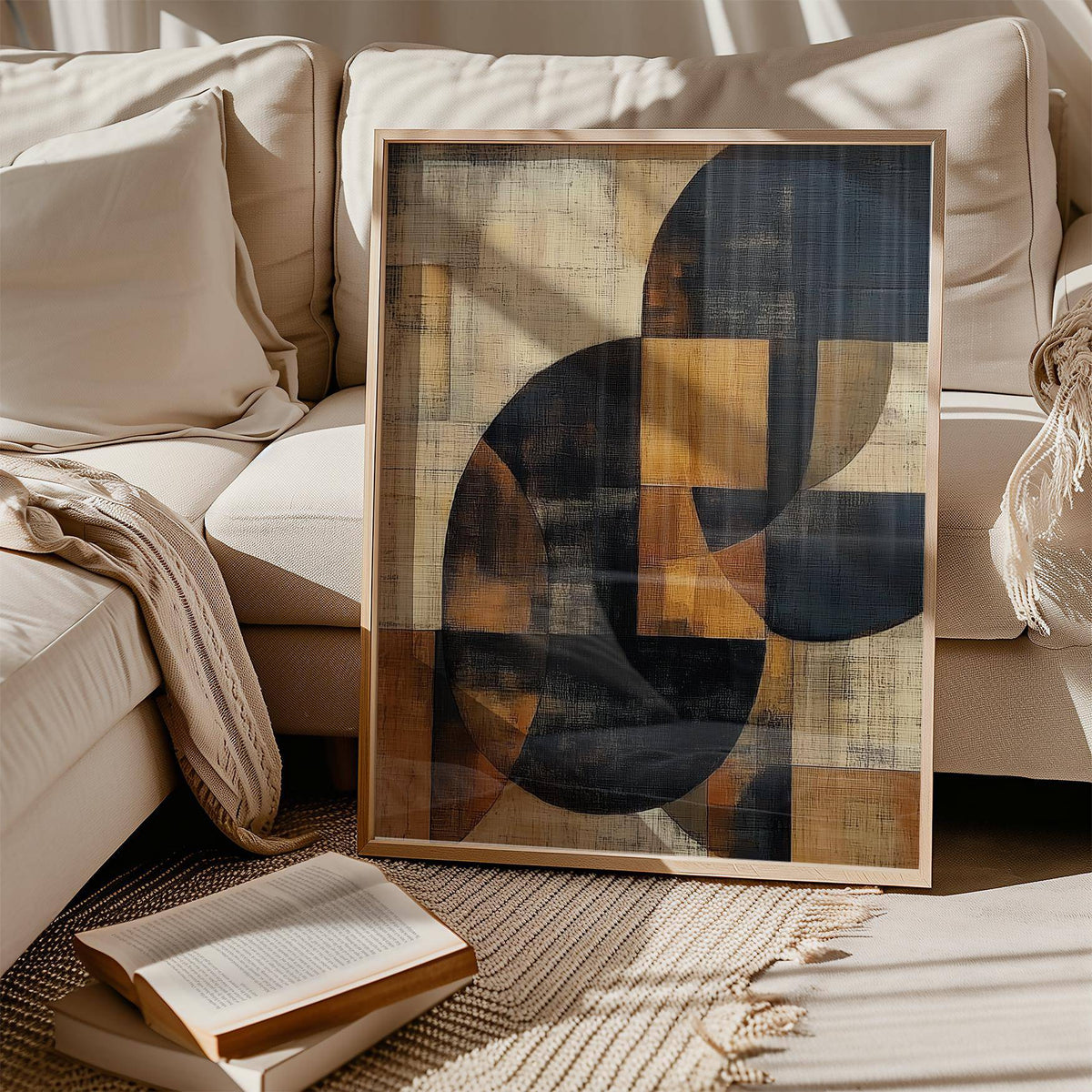 Framed brown abstract wall art with geometric shapes leaning on a beige sofa with cushions