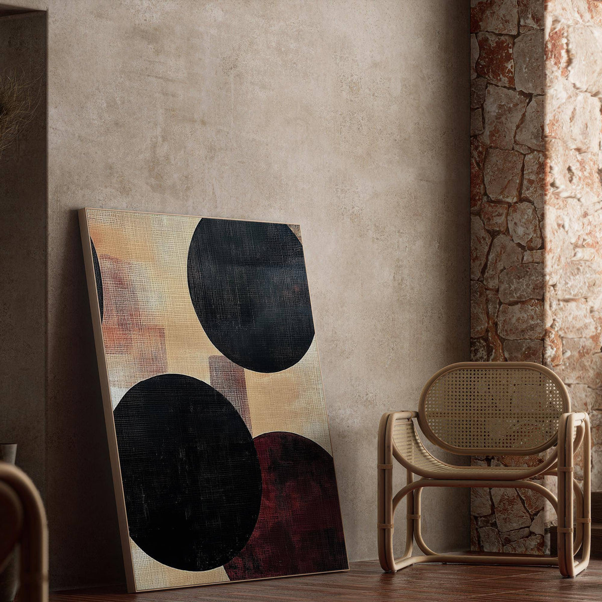 Print leaning on floor with bold black circles and earthy tones next to a cane chair