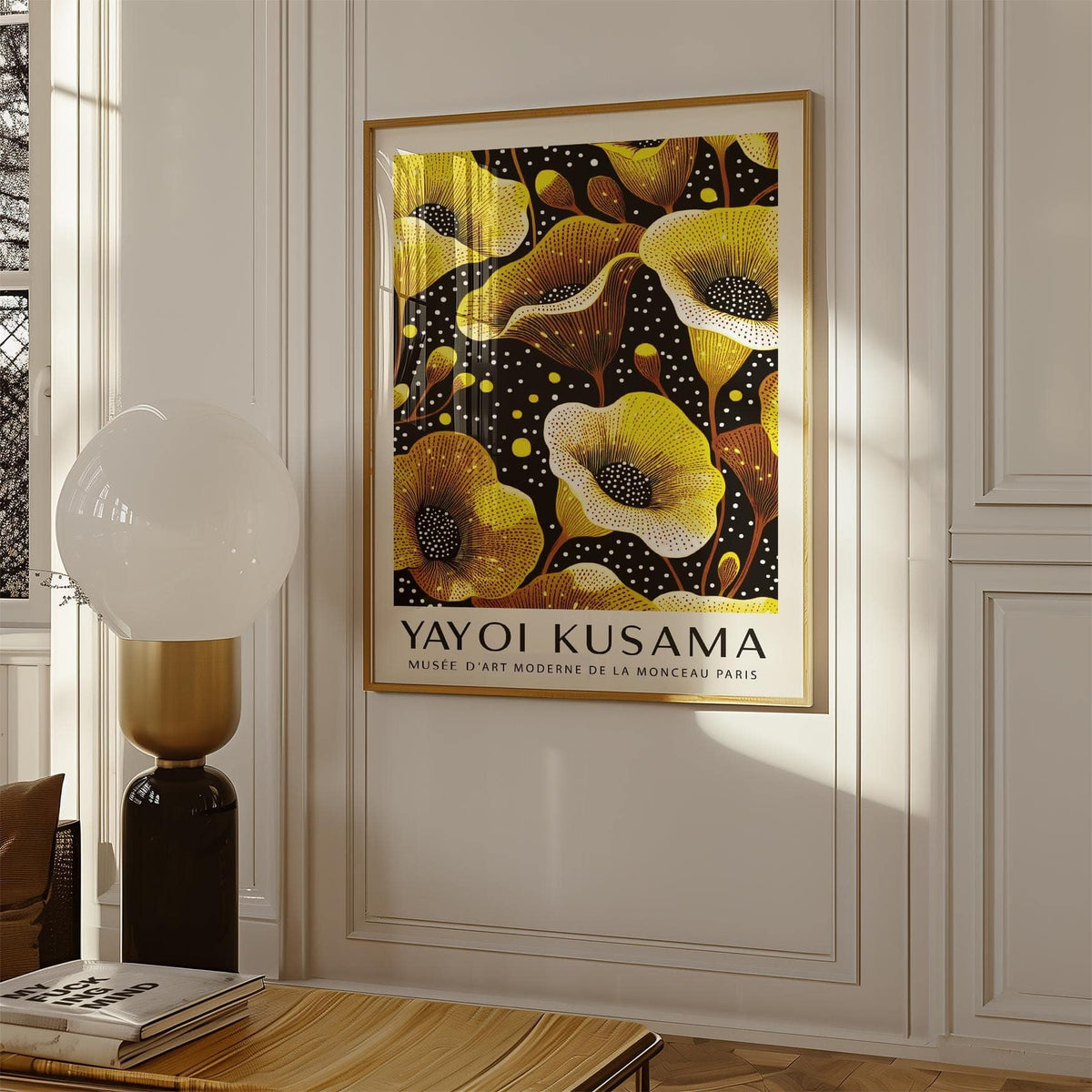 Yellow wall decor framed print of yellow poppy flowers on a black background with a large lamp nearby