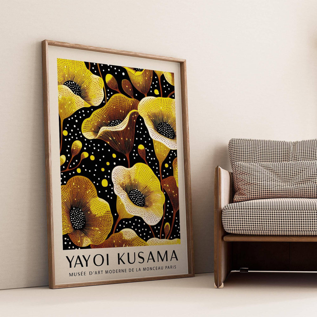 Print leaning on the floor with yellow poppy flowers illustration next to a checked sofa