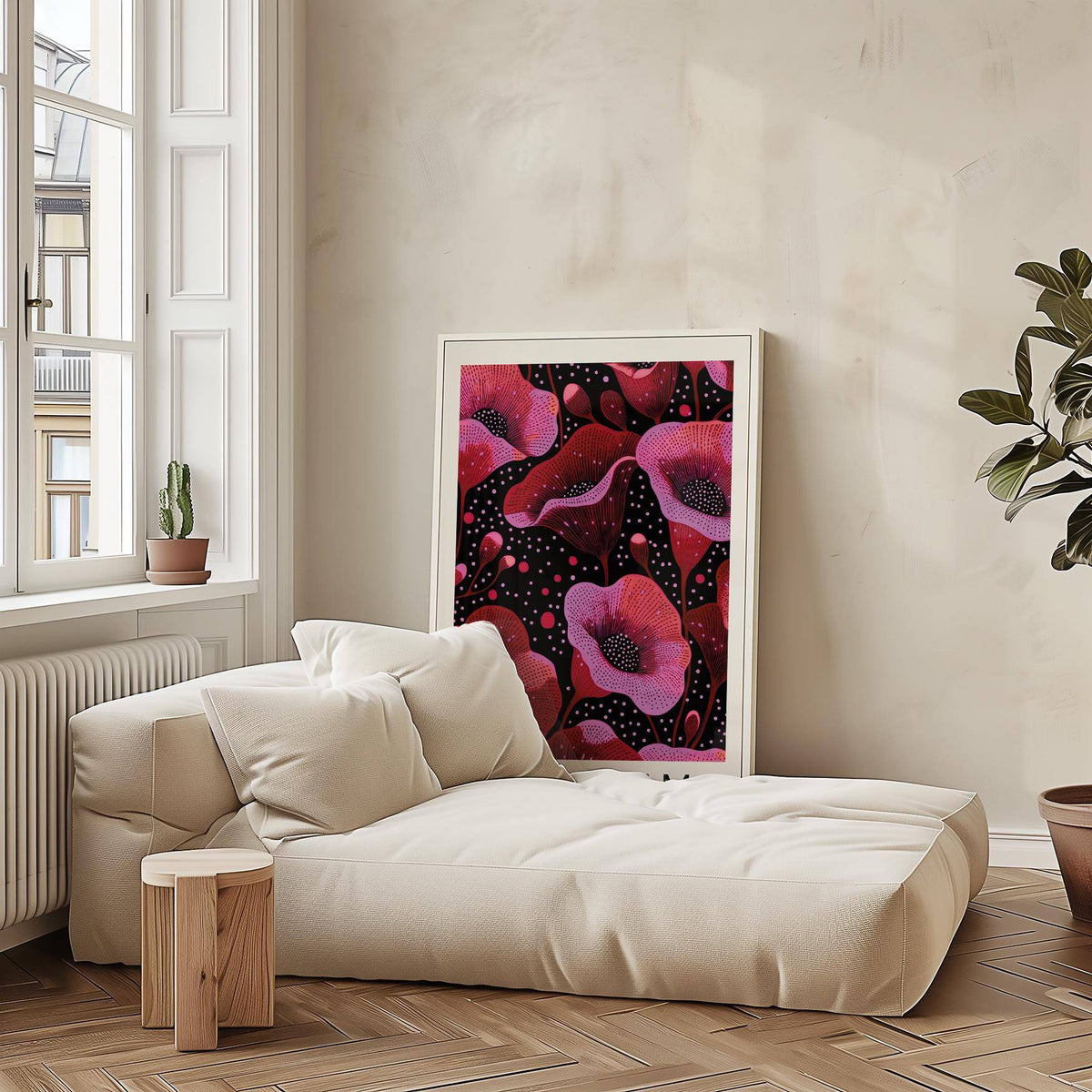 Print leaning on the floor with stylised pink poppies beside a leafy plant and a cream sofa