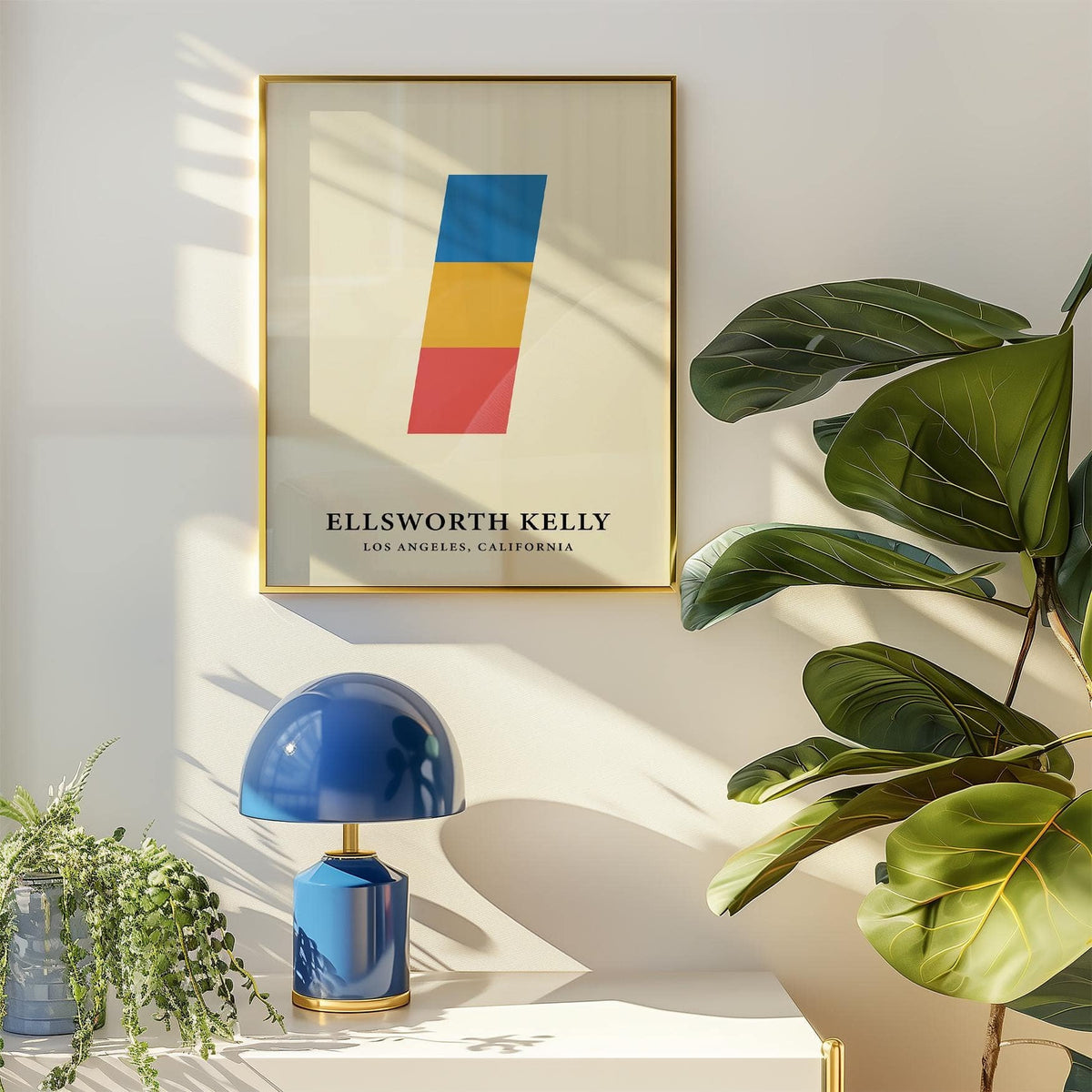 Creative wall art with stacked coloured blocks in blue yellow and red above a blue lamp and green plants