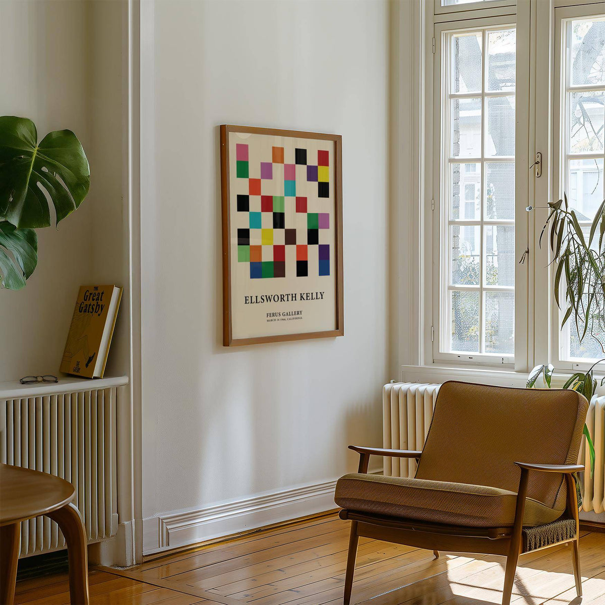 Posters for Office showing colorful squares grid wall art above a radiator with a brown armchair nearby