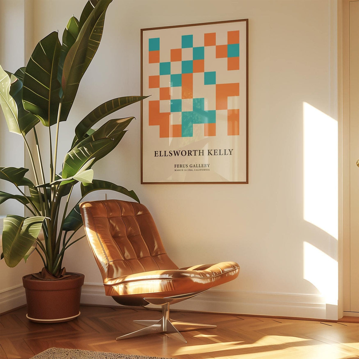 Print of Large Geometric Wall Art with blue and orange squares above a brown leather chair