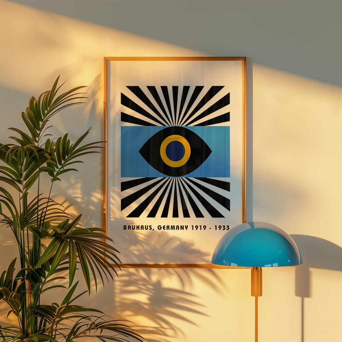 Modern Art Geometric framed print close-up with black and blue abstract eye graphic and gold lamp beside it