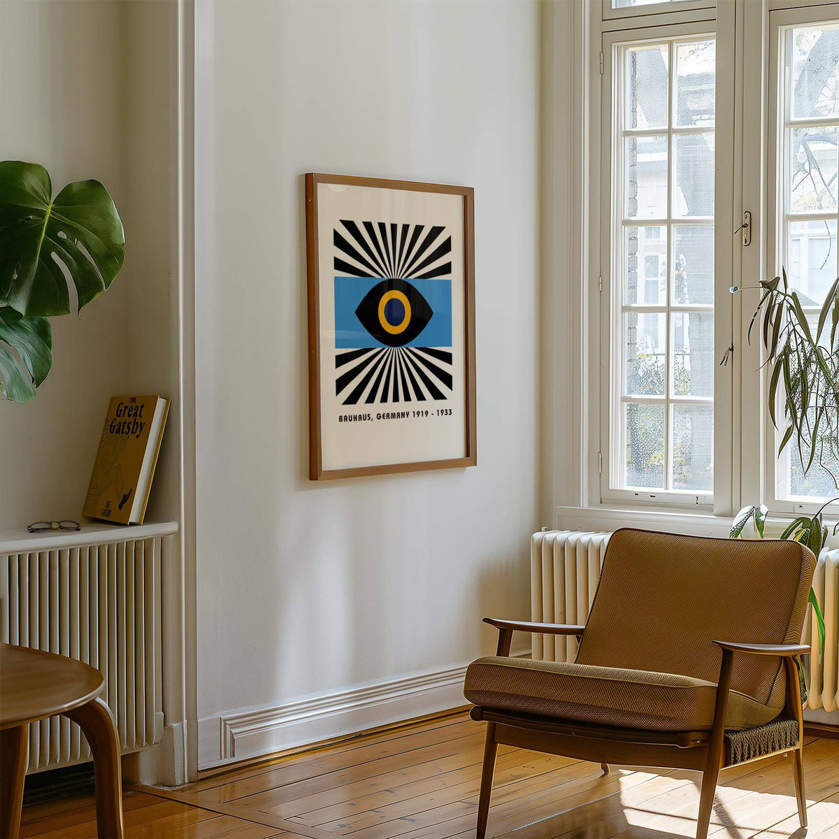 Modern Art Geometric wall art with a blue and black abstract eye in a living room beside a brown armchair and window