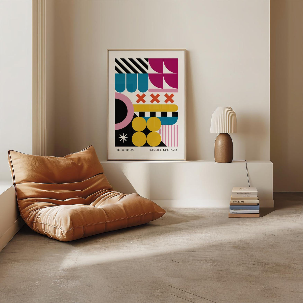 Colourful Prints framed print with geometric shapes in bold colours beside a lamp and books in a living space