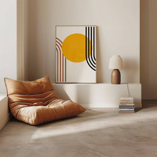 Print leaning on a shelf with Bauhaus Sun minimalist orange sun and lines near a brown lamp