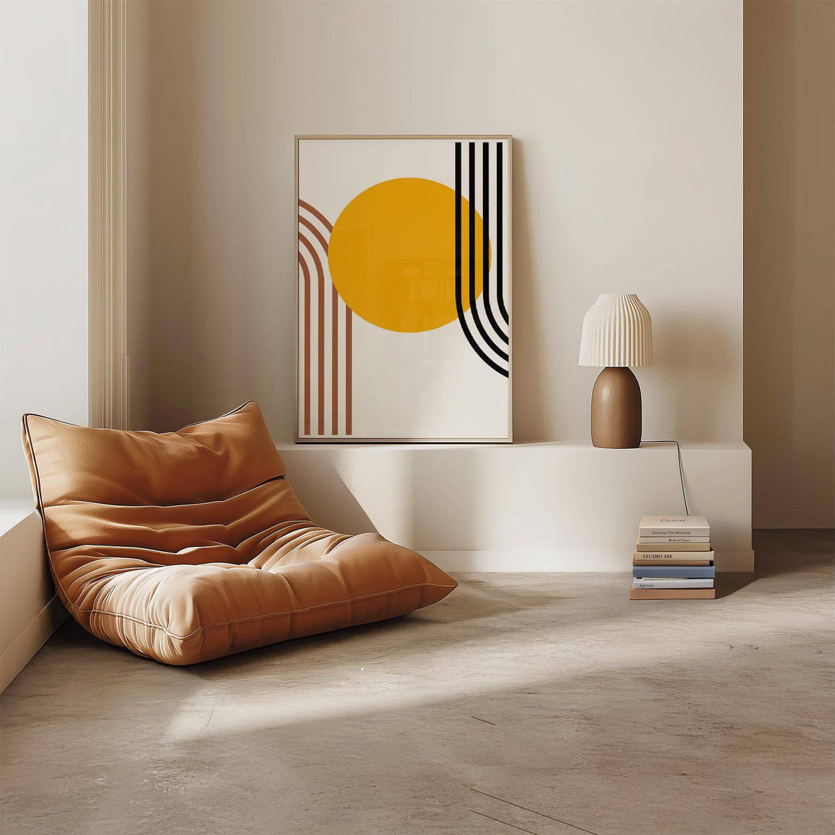 Print leaning on a shelf with Bauhaus Sun minimalist orange sun and lines near a brown lamp