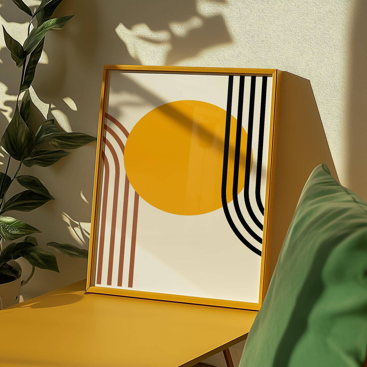 Framed Bauhaus Sun Print with orange circle and curved stripes near green cushion