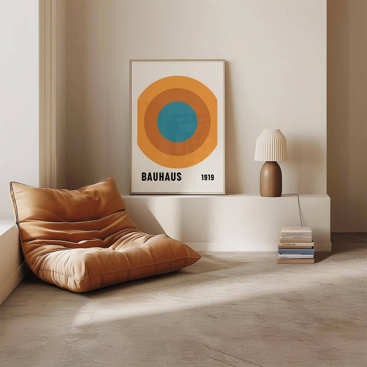 Bauhaus Circle Poster leaning on a shelf with brown and orange circles next to a brown lamp
