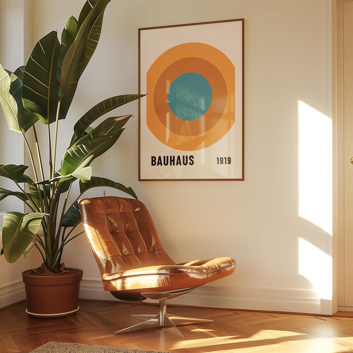 Bauhaus Circle Poster print on a wall with concentric circles in orange and blue beside a large green plant