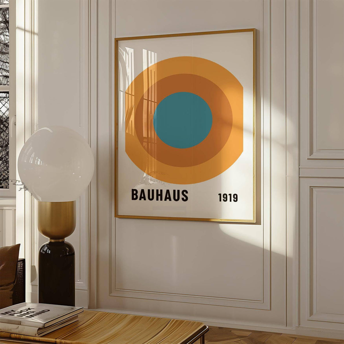 Bauhaus Circle Poster on a white wall with natural light and a modern lamp nearby