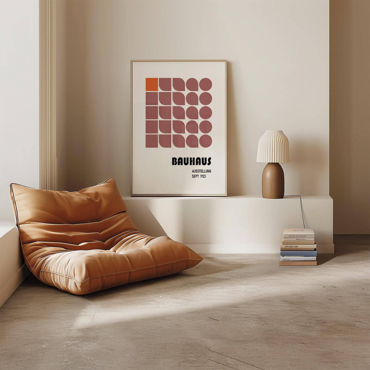 Print leaning on a shelf with a minimalist geometric grid and a stacked pile of books nearby