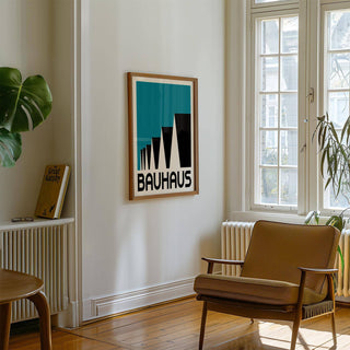 Bauhaus Poster Blue framed print with black and blue geometric shapes above a radiator in a bright room