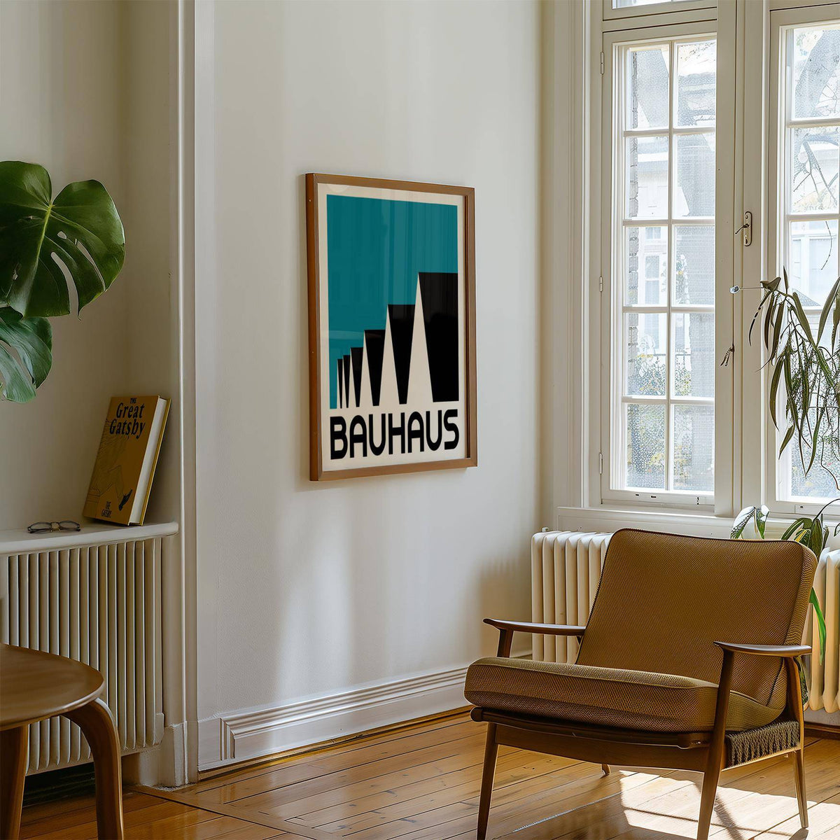 Bauhaus Poster Blue framed print with black and blue geometric shapes above a radiator in a bright room