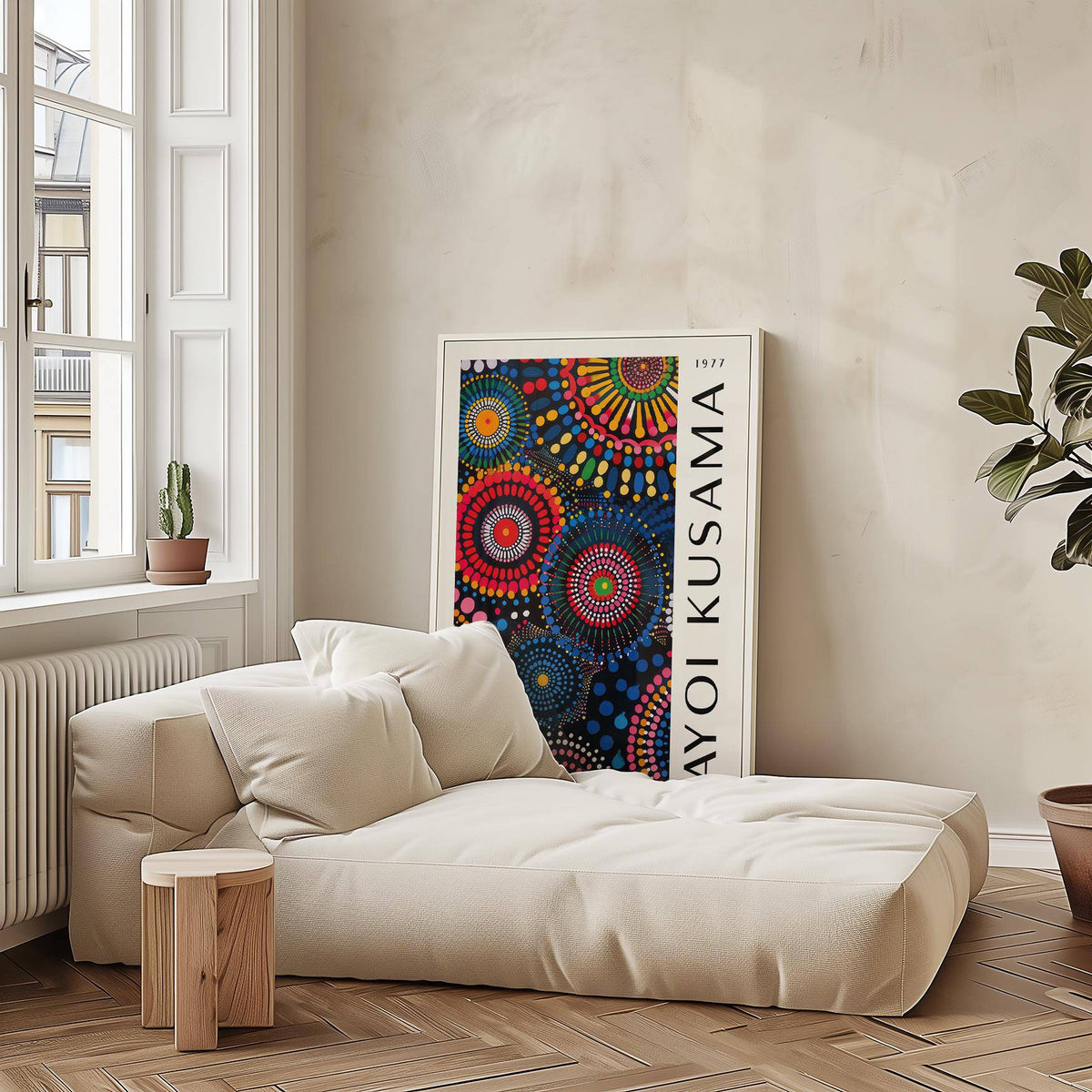 Mandala Art for Wall leaning print with colourful abstract circles in a minimalist living room with a beige sofa