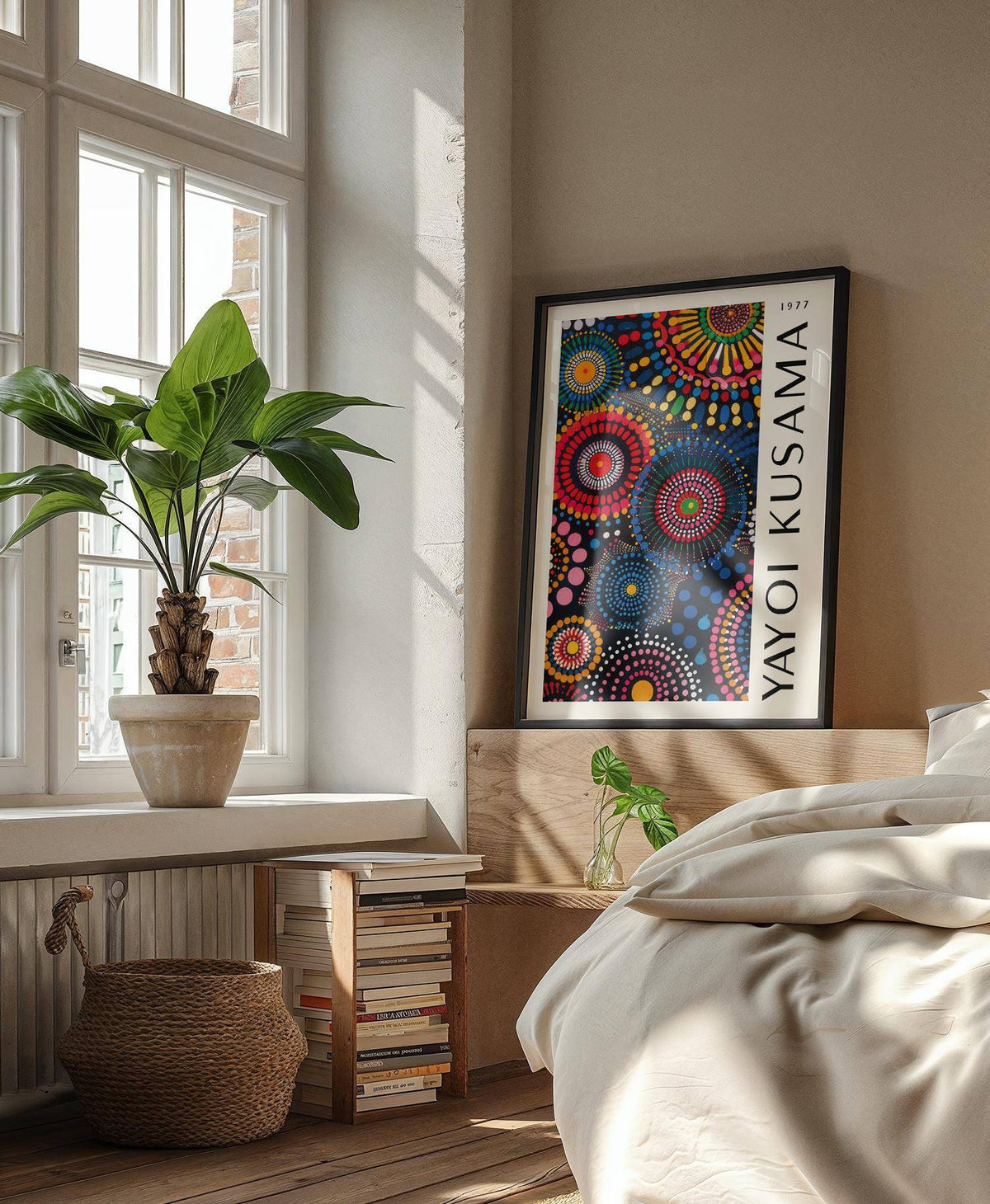 Mandala art for wall framed print with colourful circles resting on a wooden bed headboard with a green plant nearby