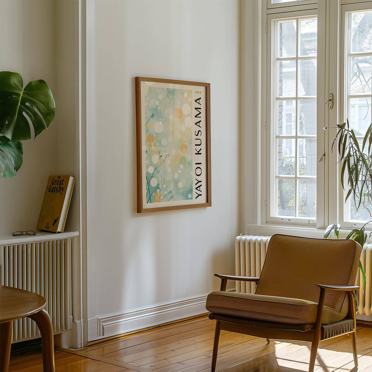 Light Blue Wall Decor framed print of abstract pastel nature hanging on a wall near a brown armchair and window
