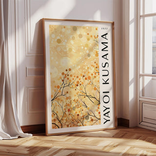 Yellow Nature Art print of autumn branches with orange dots leaning on a wooden floor near a window