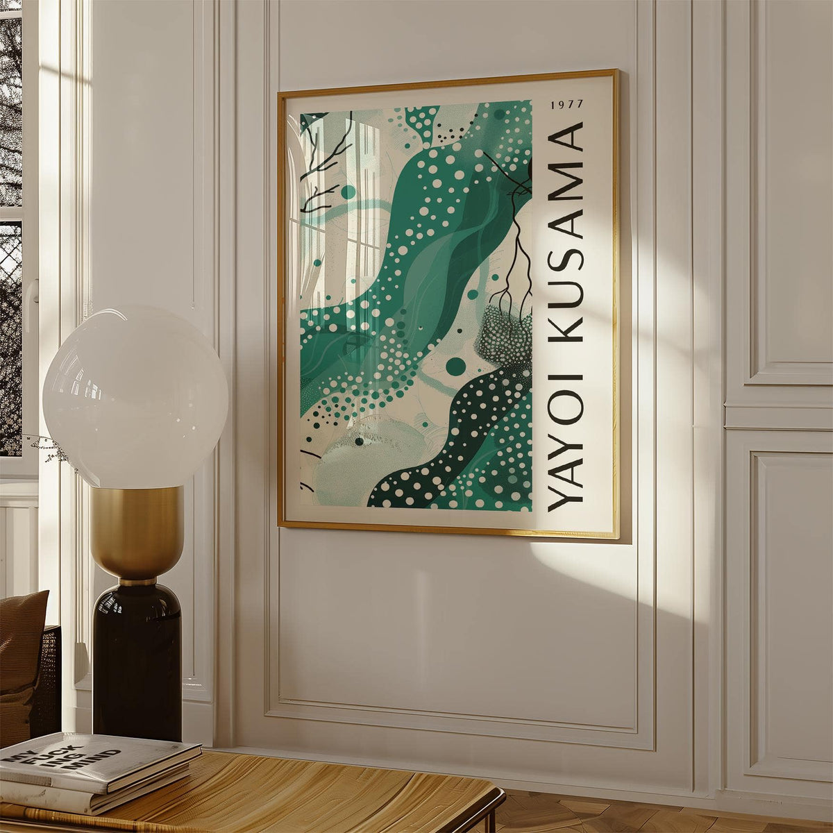 Black White and Green Poster framed print with abstract aqua shapes in a bright room with lamp and table