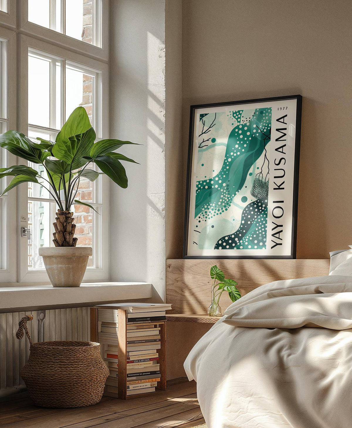 Black White and Green Poster leaning on a wooden headboard abstract aqua shapes and polka dots in a bedroom with plants