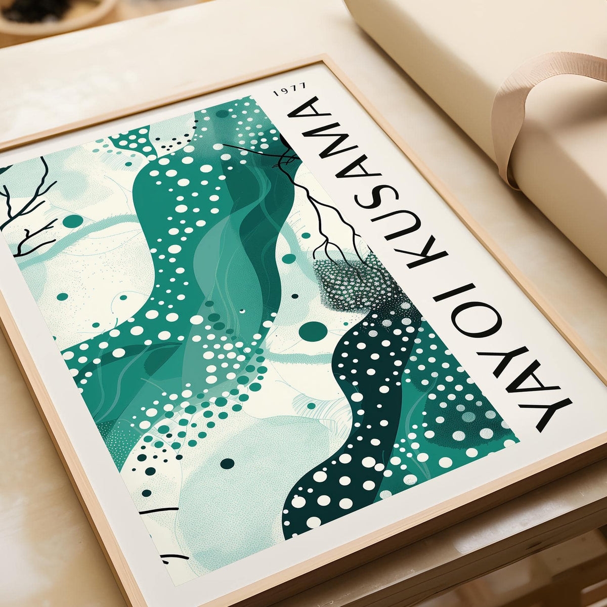 Black White and Green Poster with abstract aqua shapes and white dots in a wooden frame