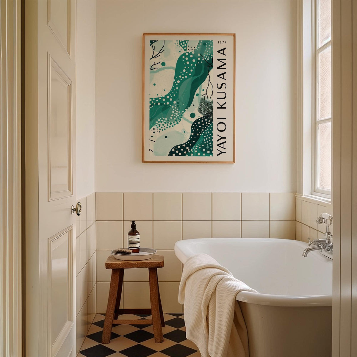 Black White and Green Poster framed print with abstract aqua shapes in a bathroom above a wooden stool