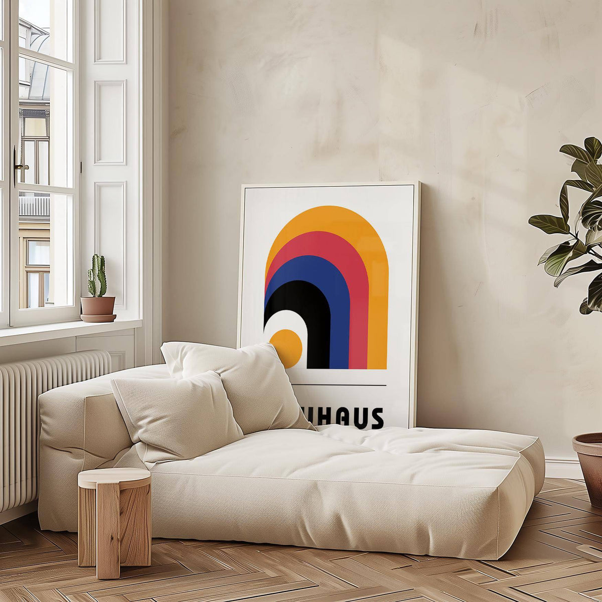 Print leaning on a floor with colourful Bauhaus arches beside a leafy plant