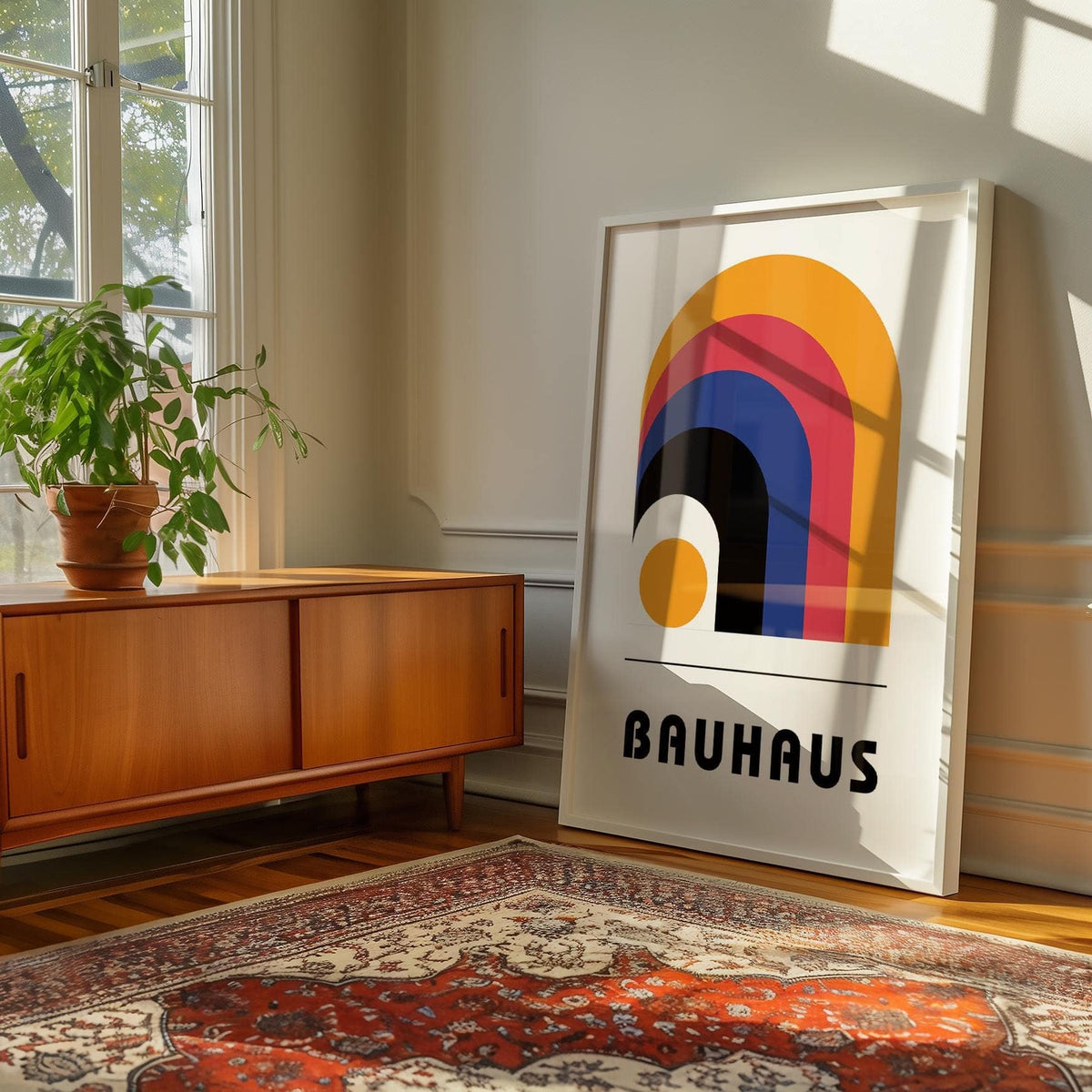 Print leaning on floor of bauhaus art posters with colourful minimalist arches and a wooden sideboard nearby