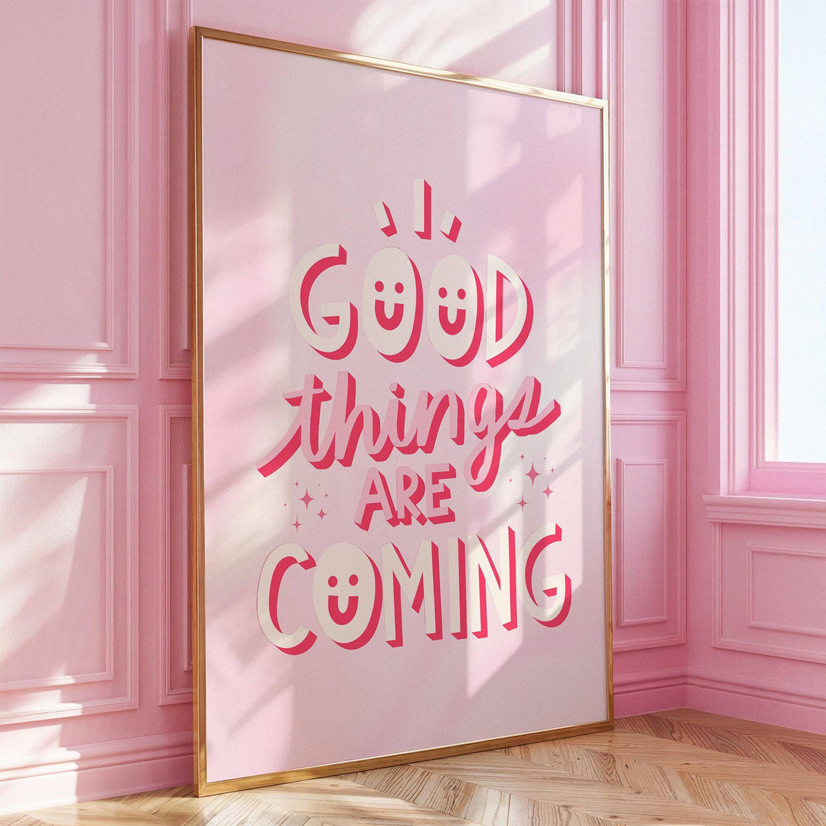 Framed Motivational Posters for Students with pink and white typography leaning against a pink wall