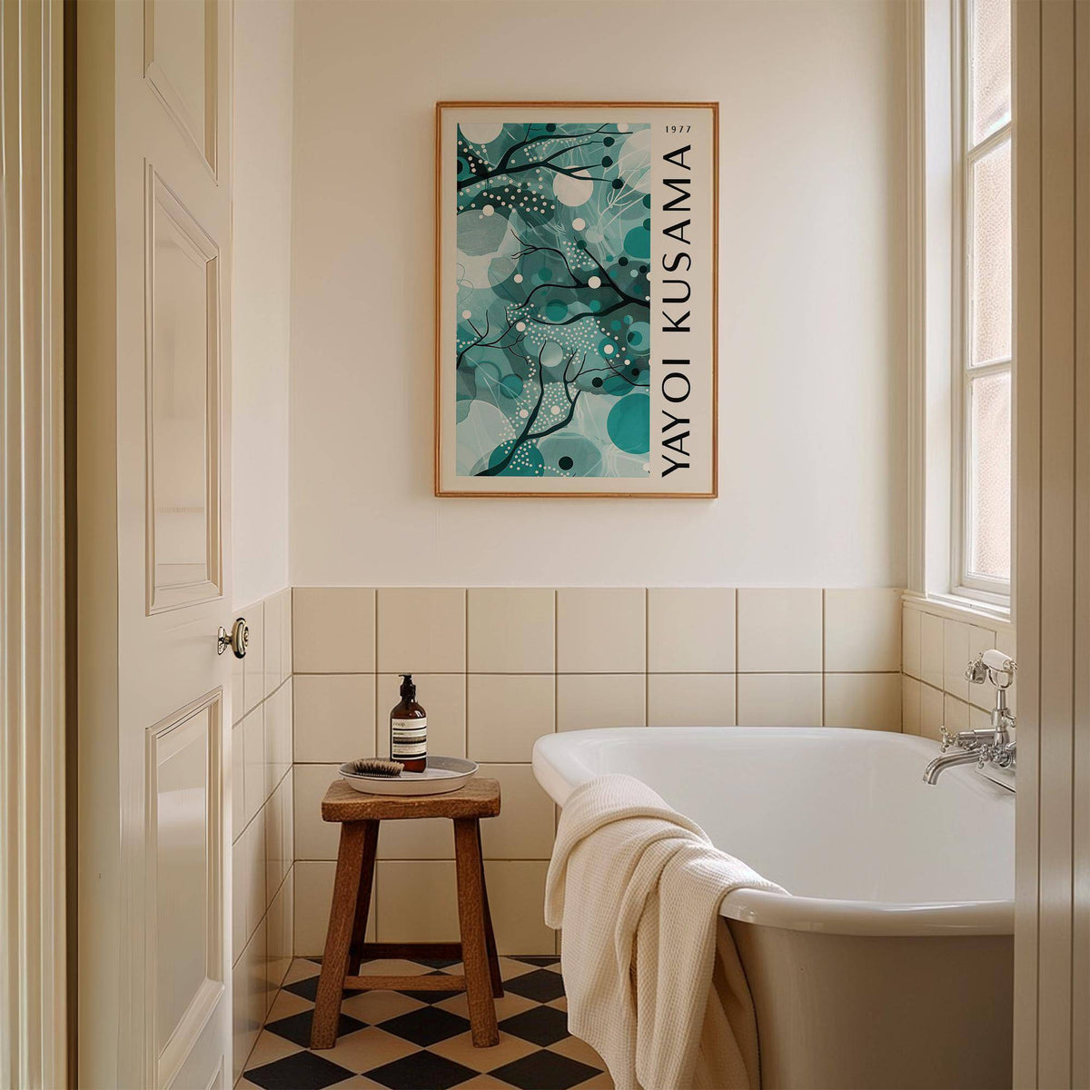 Wall Art with Teal Colors abstract organic shapes in blue green hues above a wooden stool in a bathroom