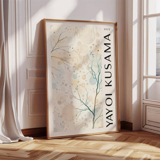 Nature Prints leaning print of abstract tree branches with beige and blue circles by a window