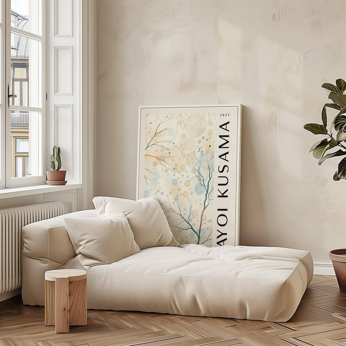 Nature Prints leaning print of abstract tree branches with circles beside a beige sofa and wooden stool